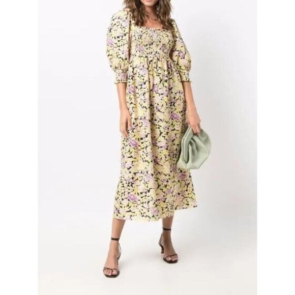 Rixo Dress Mutlticolour Saskia Floral Print Square Neck Smocked Midi Size M - Picture 1 of 9